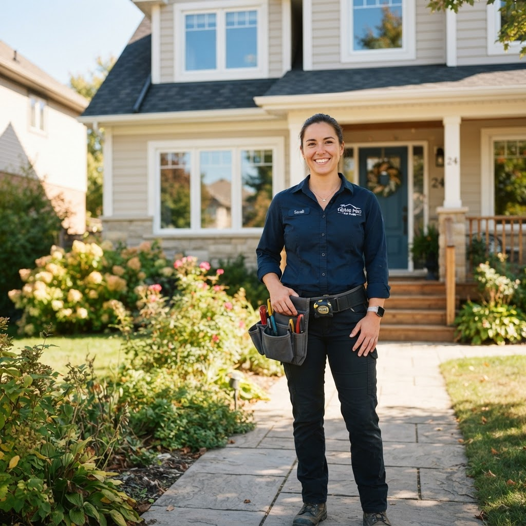 A smiling professional tradesperson standing in front of a suburban home